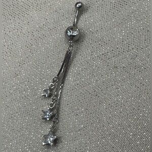 Silver crystal dangle belly button ring with 3 crystal stars